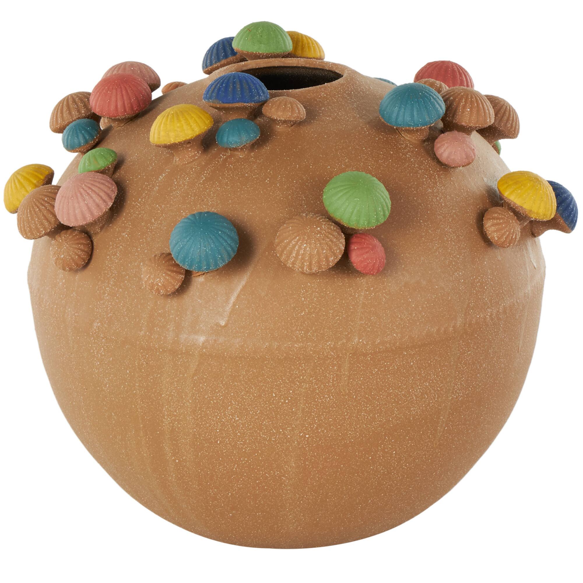 13" Brown Ceramic Round Wide Decorative Vase with Multicolor Mushroom Accents